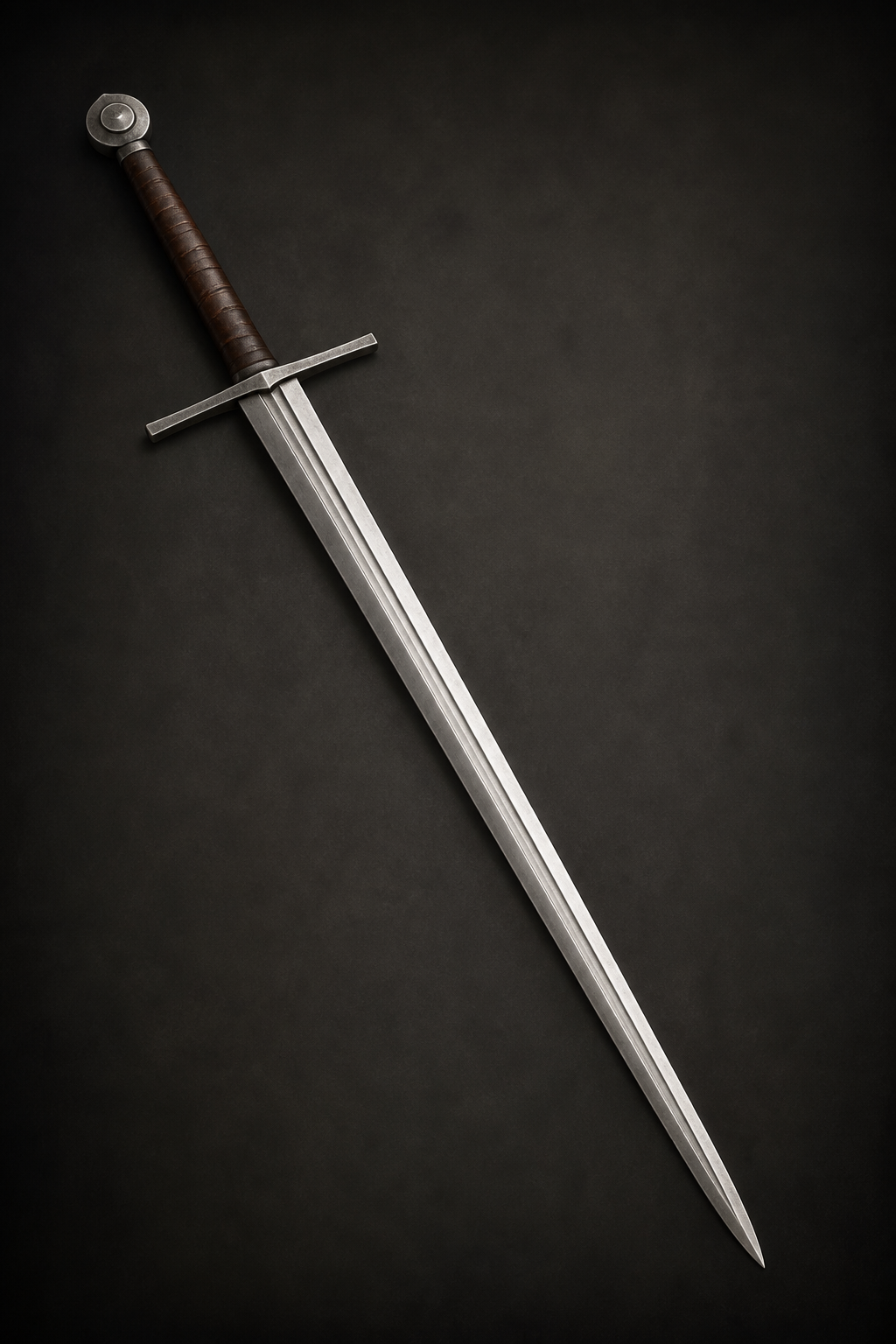 A plain bastard sword with a long straight blade and extended leather-wrapped grip