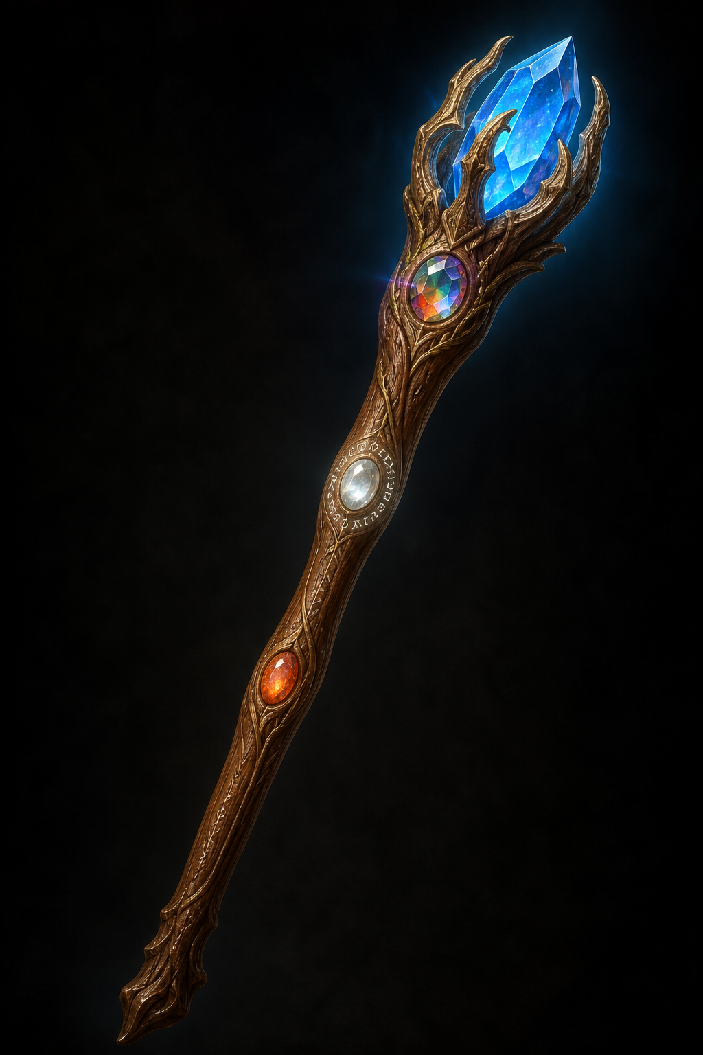 A masterwork runed oak staff crowned by a glowing blue crystal in a bronze claw