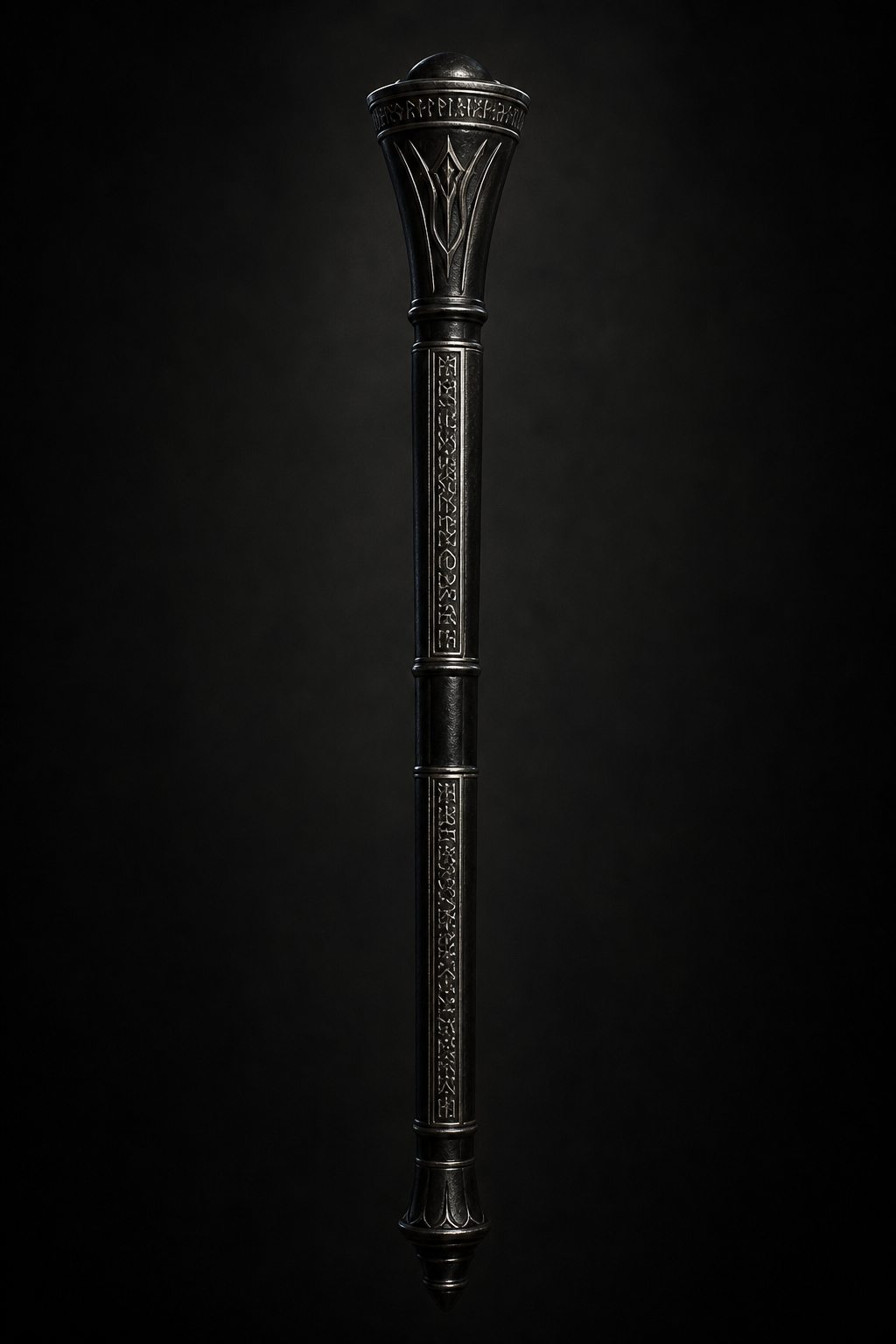 A black metal sceptre with shimmering silver rune inlays