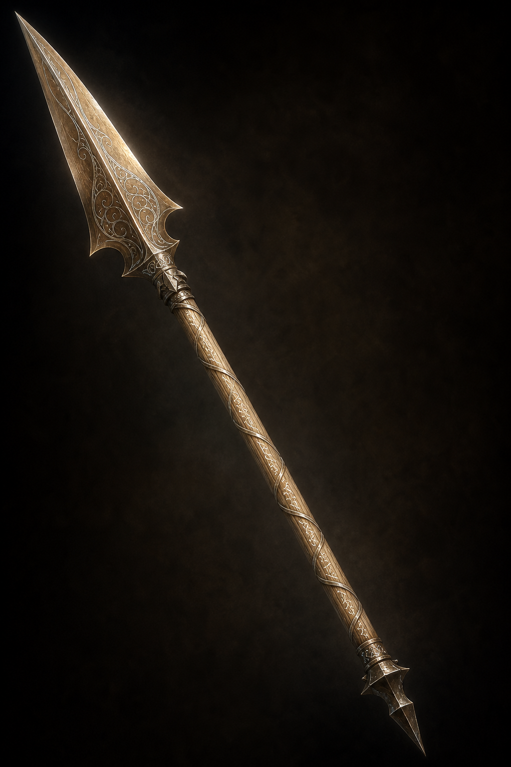 A burnished hewing-spear with silver inlays, winding runes, and a cruel butt spike