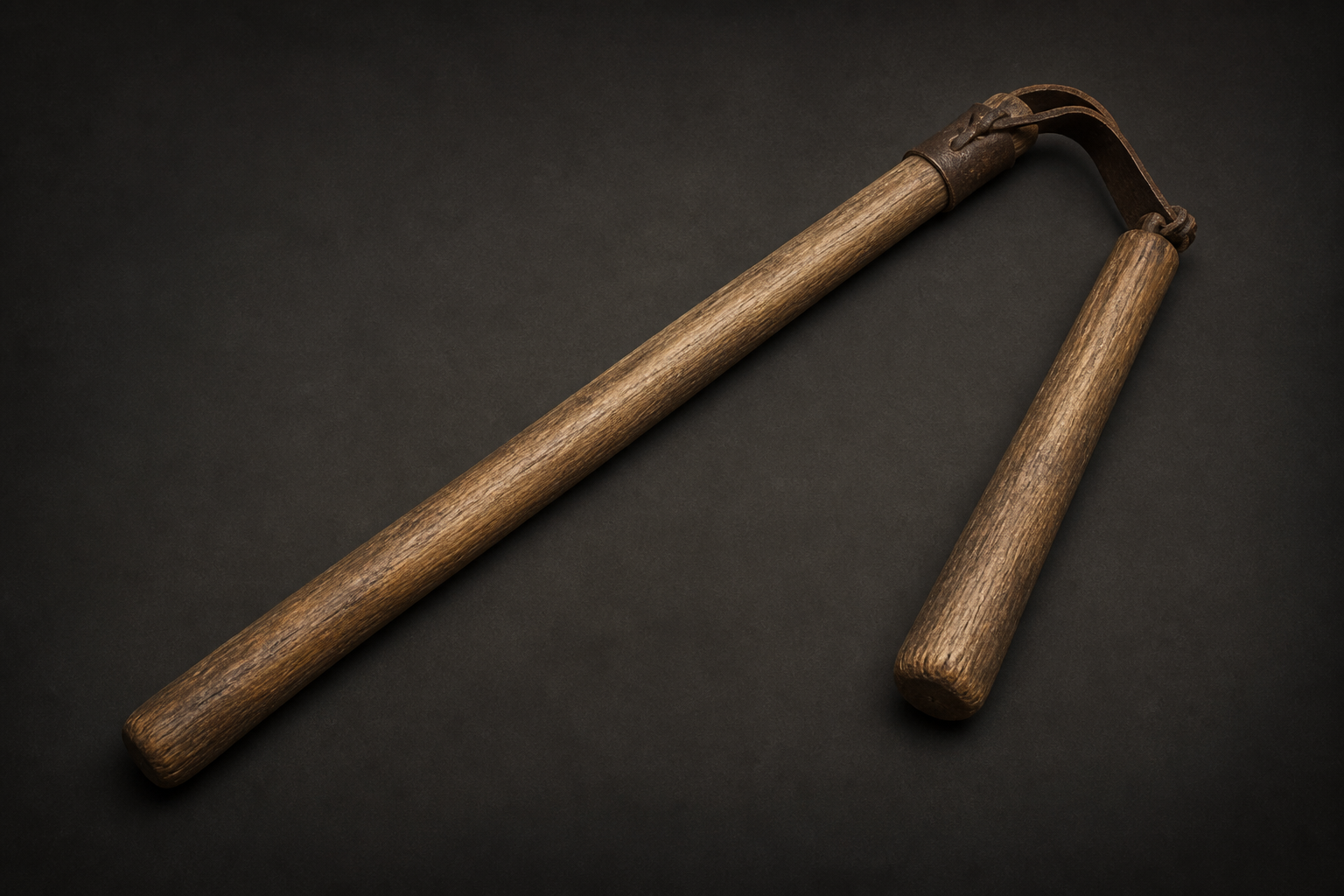 A plain wooden threshing flail joined by a flexible leather hinge