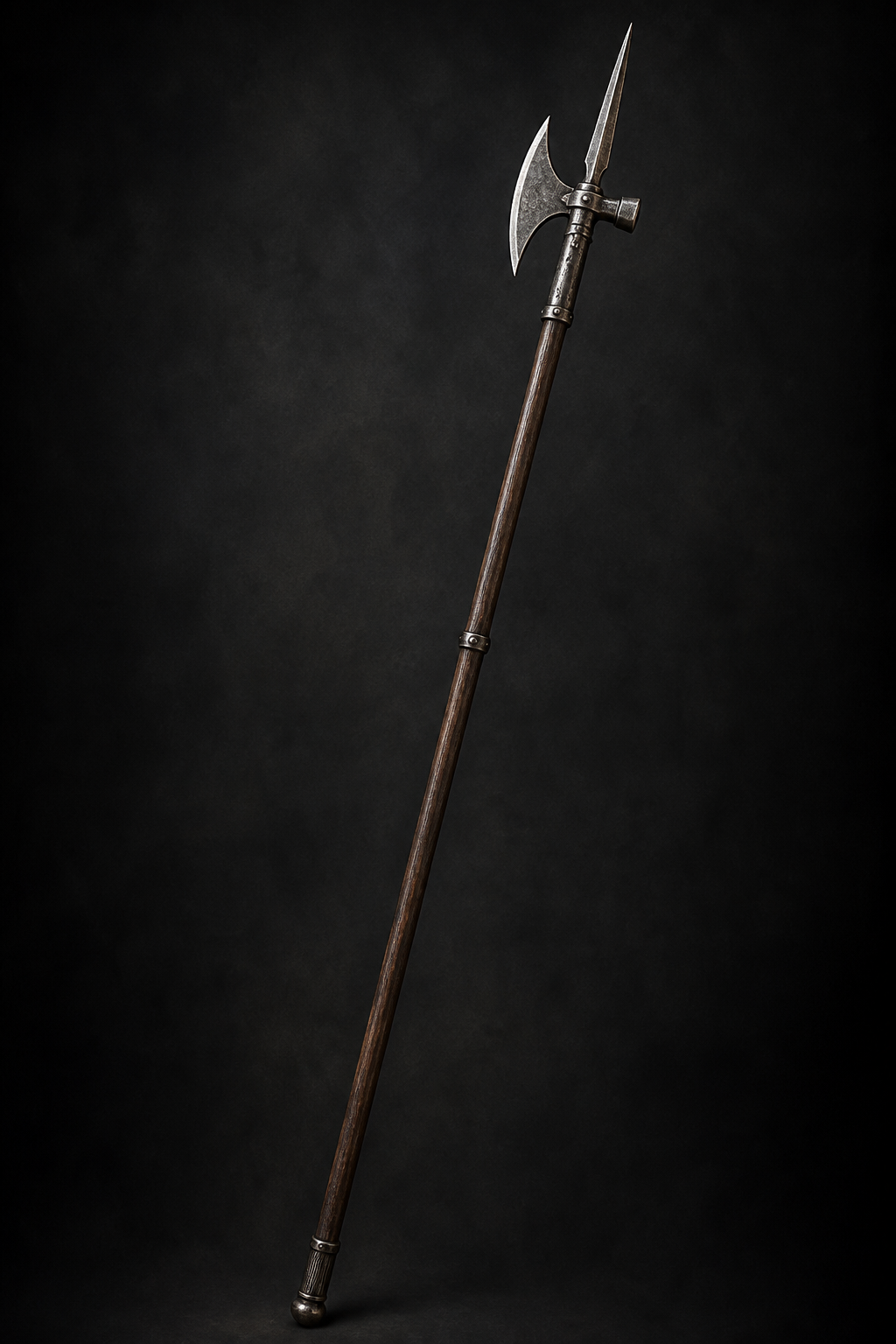 A long halberd with a curved axe blade, hammer head, and sharpened spike