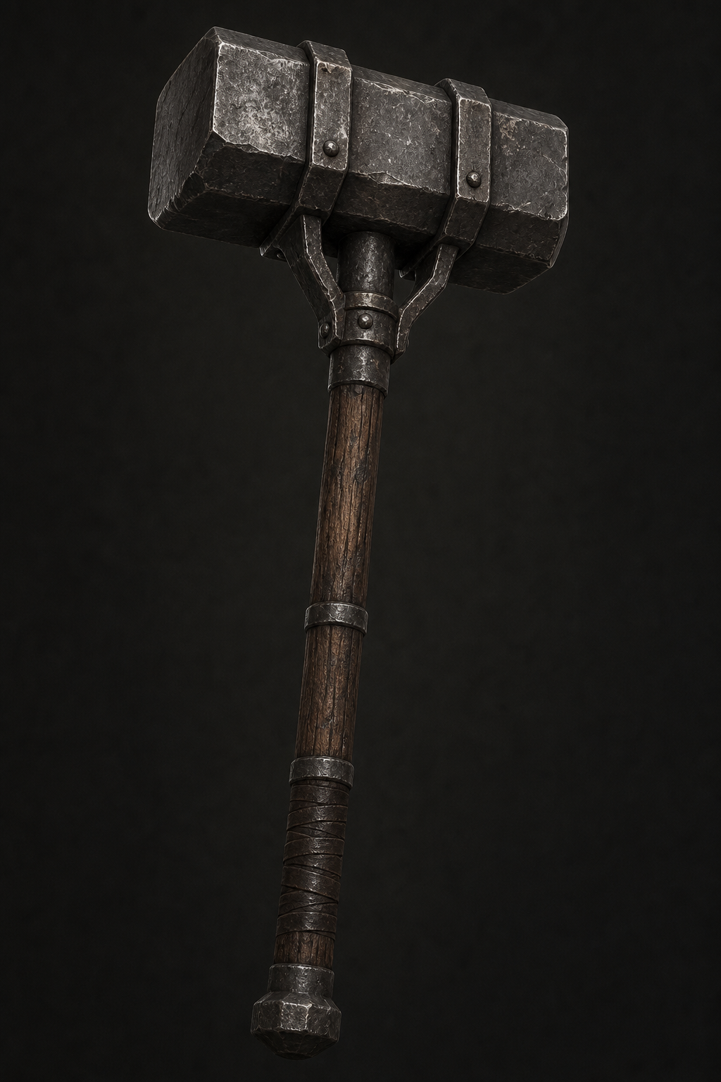 A heavy warhammer with a massive reinforced head and long wooden shaft