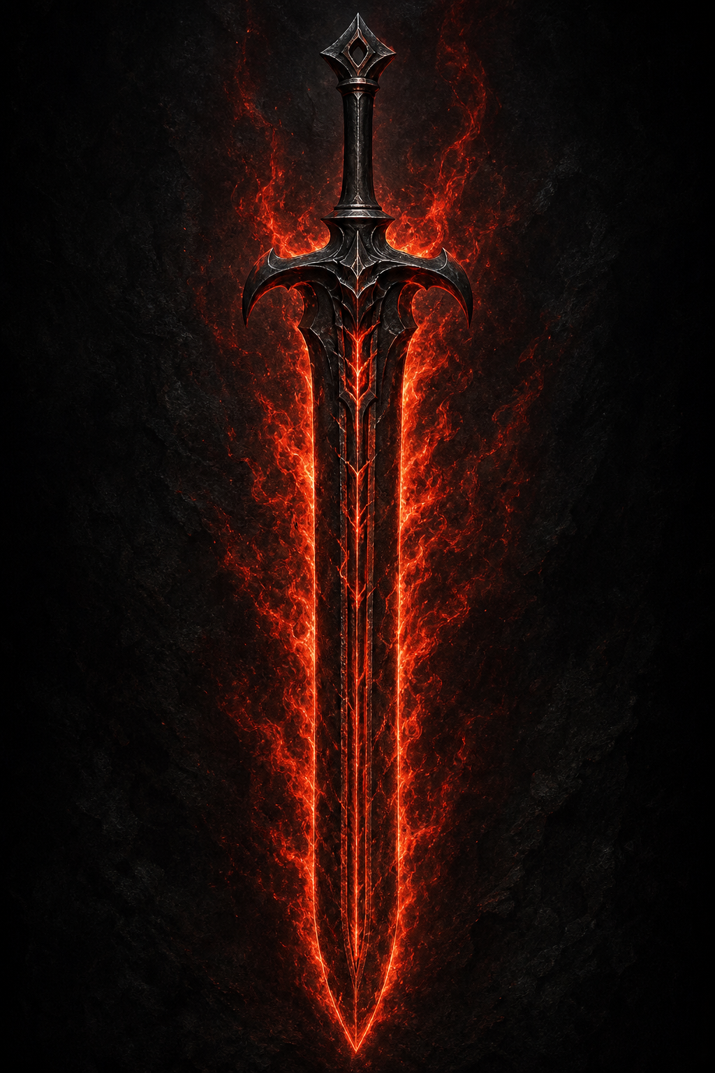 A massive black sword covered in red flames