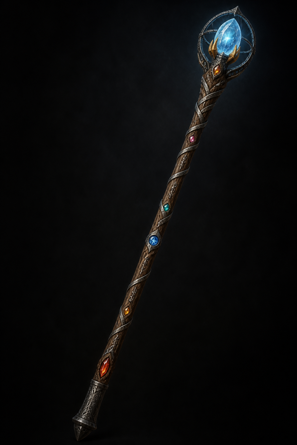An ancient silver-banded oak wand crowned by a pale blue crystal in gold claws