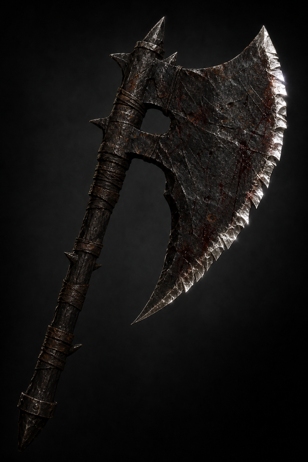 A crude dark iron Zaugurz axe with a jagged sharpened edge