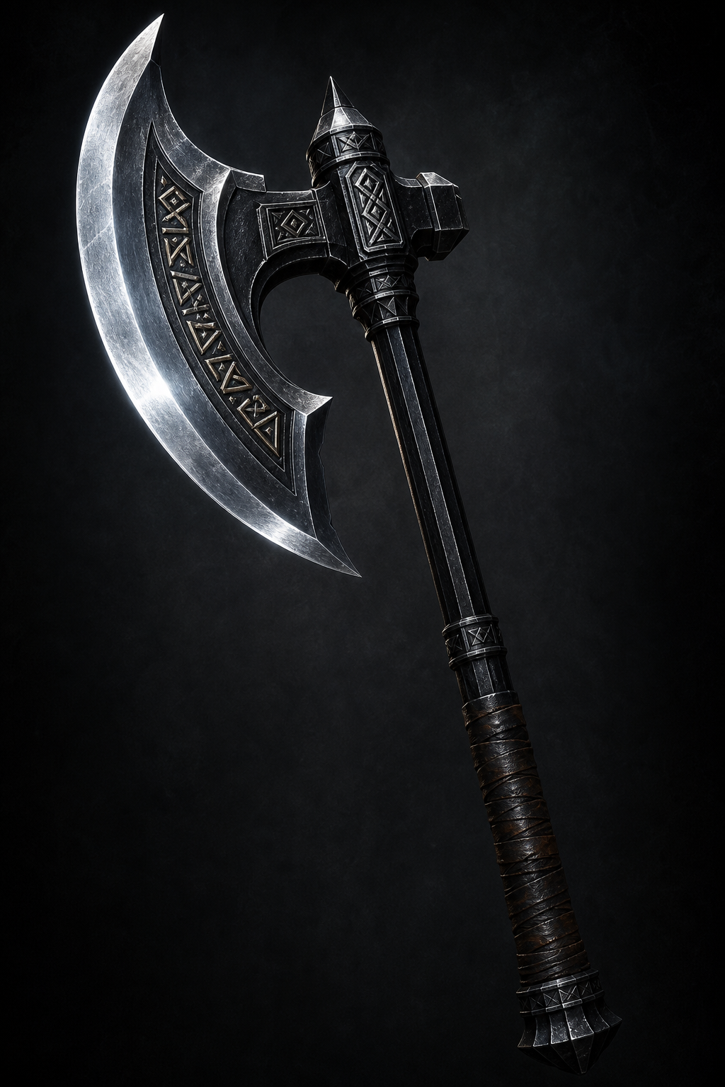 A massive dwarven waraxe with a gleaming curved blade and black metal shaft