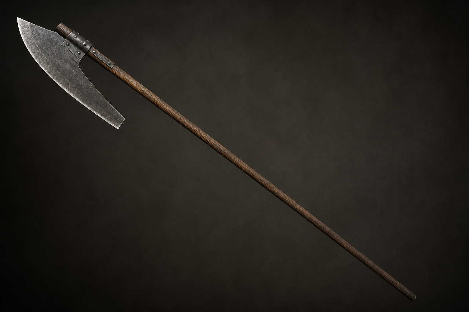 A crude poleaxe with an oversized iron blade attached to a very long wooden shaft