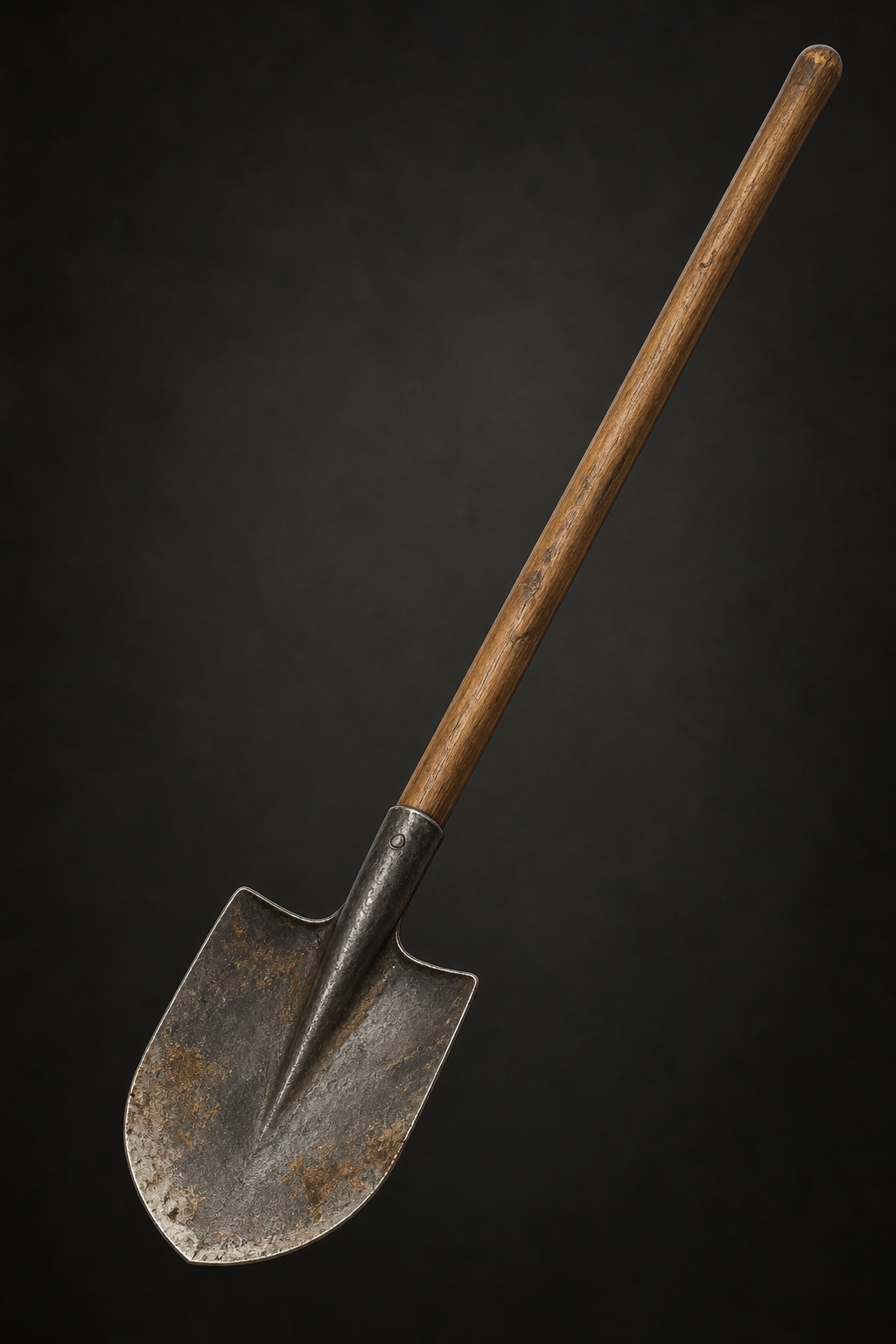 A plain wooden-handled shovel with a broad, worn iron scoop