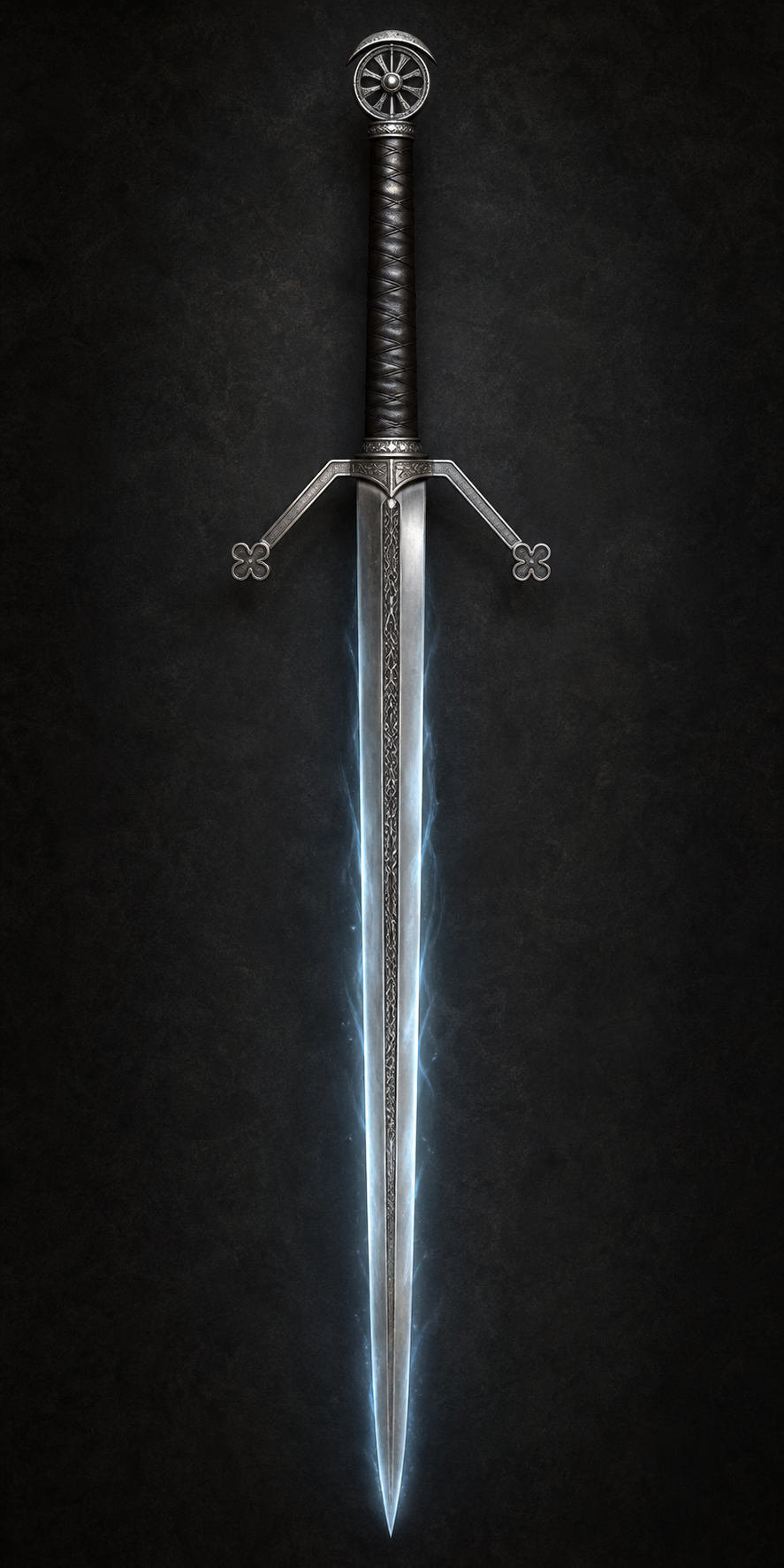 A glowing steel claymore with a leather grip and quatrefoil guard