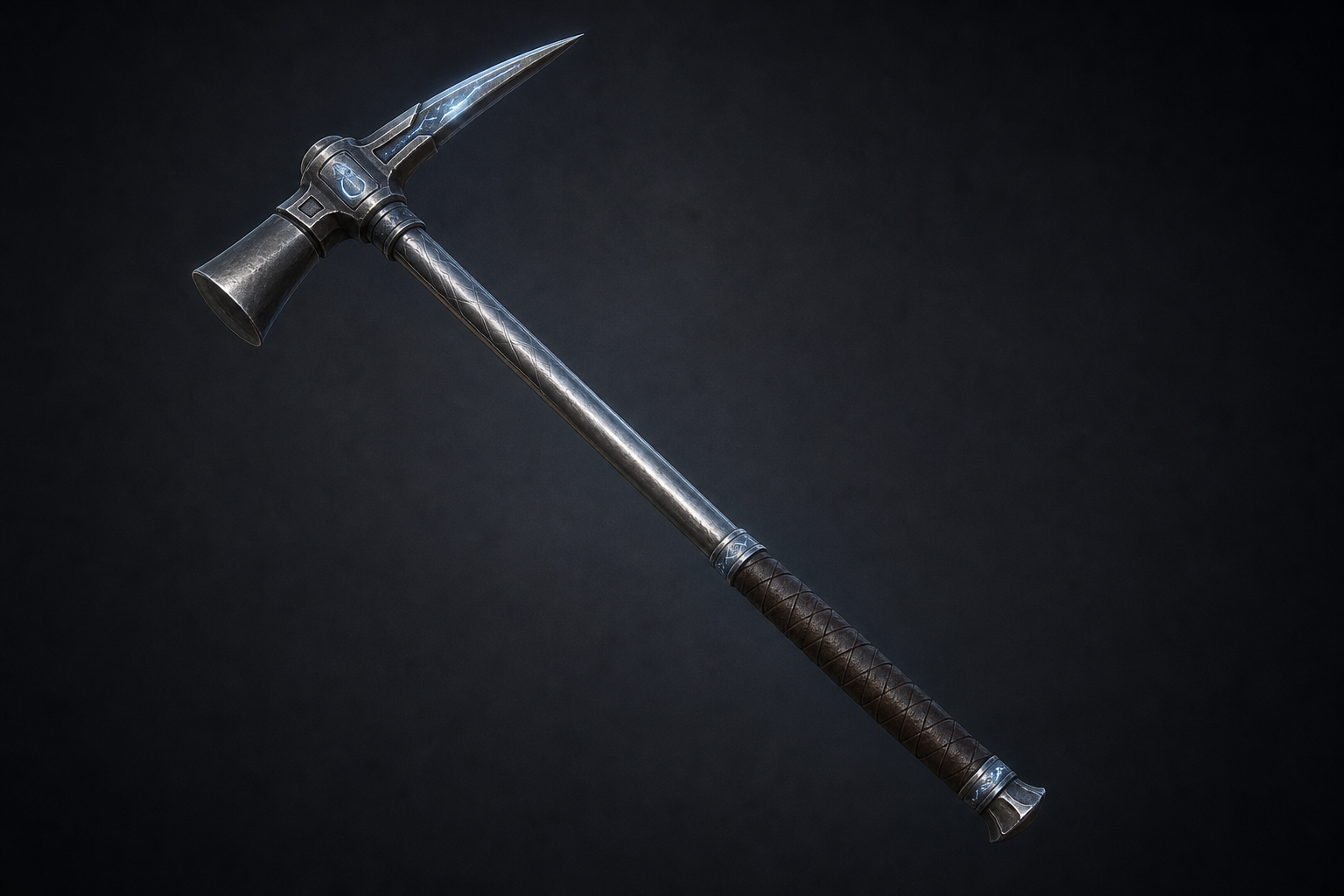 A faintly glowing steel-shafted mattock with a chiselled spike and leather-wrapped grip
