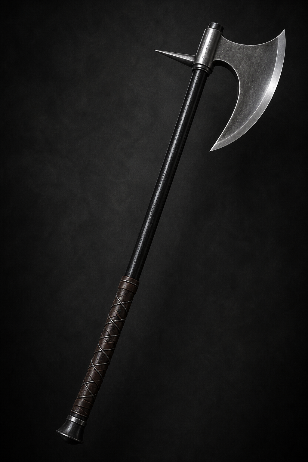 A two-handed axe with a polished curved steel blade, rear spike, and glossy black haft