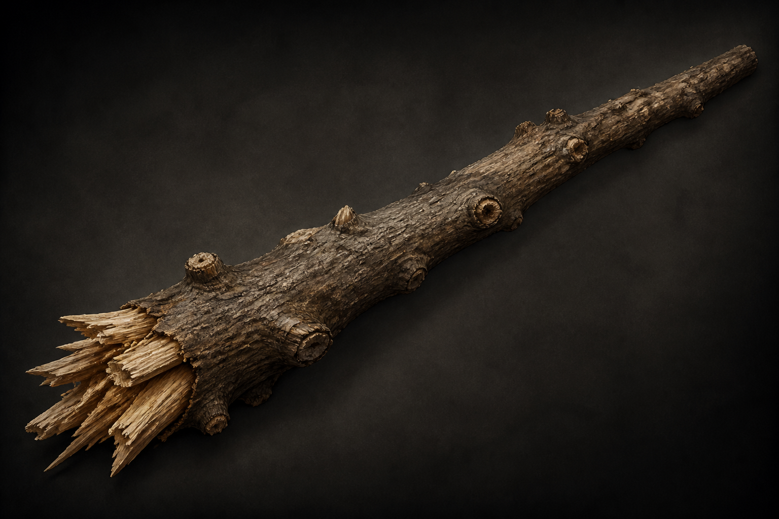A huge knotted tree branch with a thick, violently splintered base