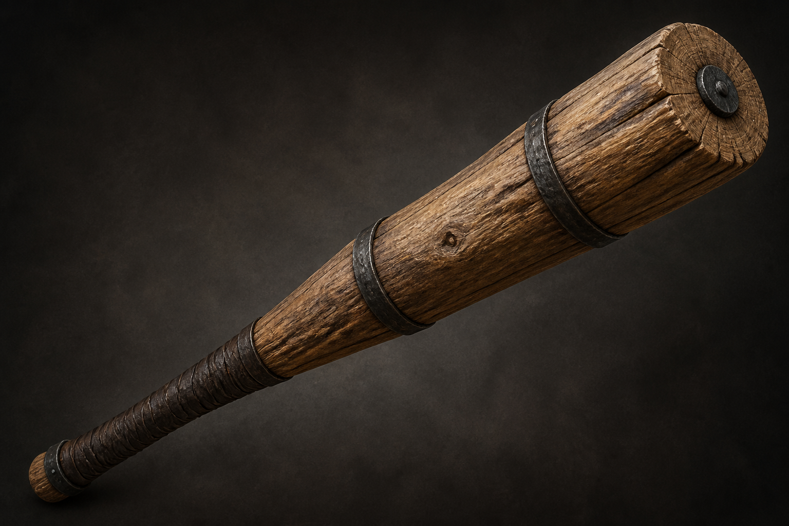 A massive iron-weighted pine club with a long two-handed leather grip