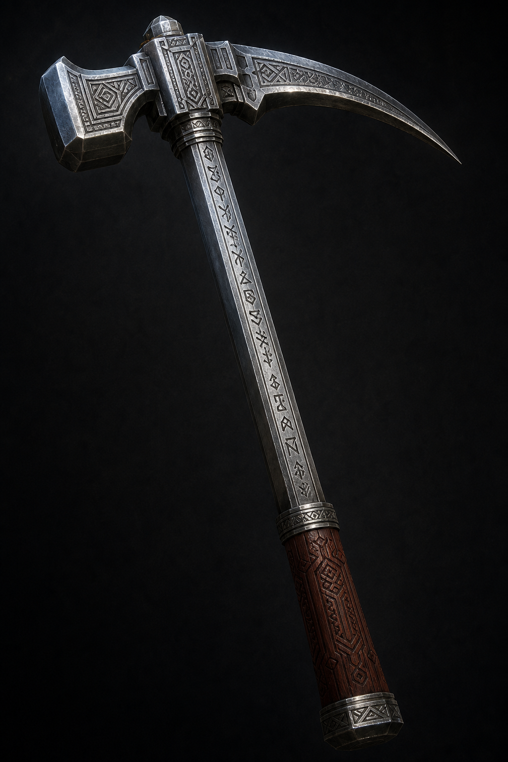 A dwarven war mattock with a rune-engraved steel shaft and carved mahogany hilt